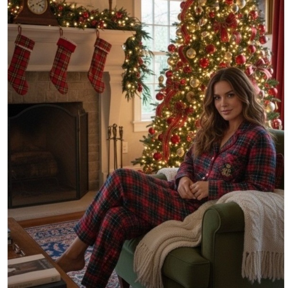 Lauren Ralph Lauren Plaid Fleece Pajama Top Womens M Red Crest Button Up Lounge